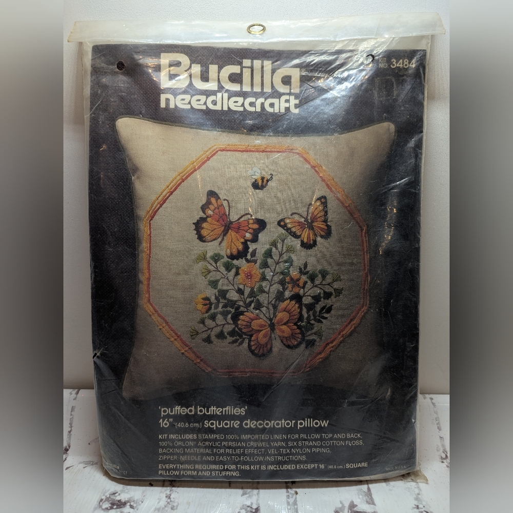 Bucilla Needlecraft Kit Vintage New NOS Pillow Craft Set Puffed Butterflies 3484